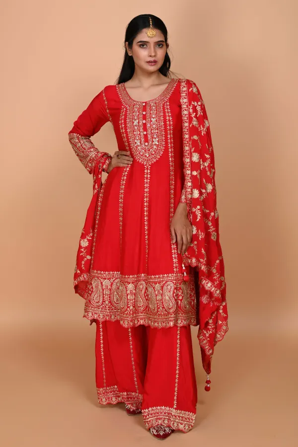 Red Paplom Suit With Palazzo Pant